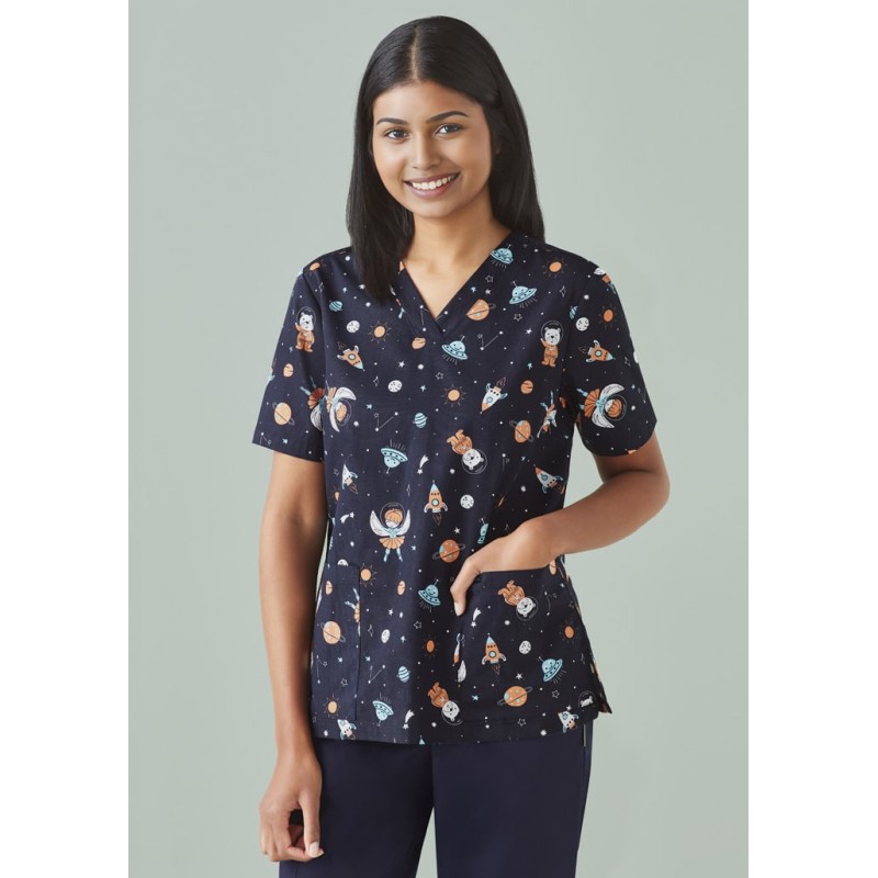Printed Womens Space Party Scrub Top Printed Womens Space Party Scrub Top