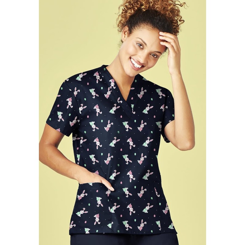 Womens Easter V-Neck Short Sleeve Scrub Top
