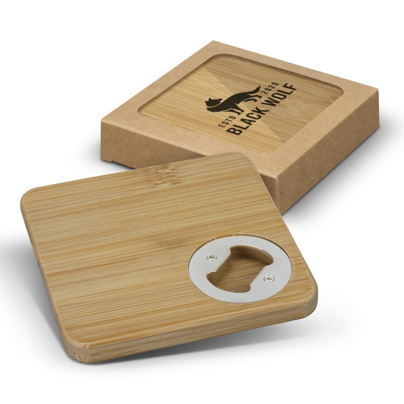 Bamboo Bottle Opener Coaster - Set of 2 - Square